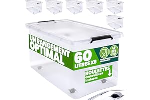 Deuba® 6X Boîte de Rangement 60L en Plastique Transparent empilable sans BPA Gain de Place Caisse de Rangement roulettes