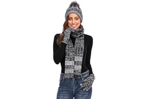 NATUST Women Hat Scarf Gloves Set Winter Thicken Knitted Beanie Soft Long Scarf Touchscreen Gloves