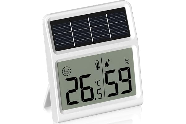 Solar Thermometre Hygrometre Interieur, Mini Thermomètre Hygromètre d'intérieur Alimenté par la lumière- Fonctionne uniquement sous éclairement lumineux, Blanc - Sachet d'un