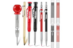 Hiboom Kit de Crayons de Charpentier Mécanique avec Poinçon Central, Crayons à Bois Massif à Trous Profonds Pointe à Tracer en Carbure avec Taille-Crayon Intégré, 40 Recharges Gris Rouge