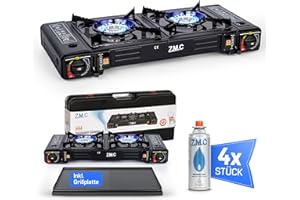 Z.M.C ZMC - Hornillo de gas para camping (2 focos, 4 cartuchos de gas de 227 g y placa de parrilla, 2,5 kW, incluye adaptador para conexión LPG + maletín de almacenamiento, set de cocina de camping con