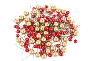 GEOSAR 150 Pieces Christmas Artificial Holly Berries Red Gold Christmas Fake Berries Christmas Winter Artificial Fruit Berries Picks Xmas Holly Berry Decors on Wire Stems for Christmas Wreath Craft Making