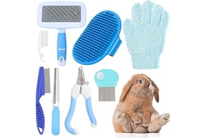LLGLTOMO 8 Pcs Small Animal Pink Grooming Kit, Rabbit Grooming Kit with Pet Nail Clipper and File, Flea Comb, Pet Shampoo Bath Brush, Pet Shedding Slicker Brush, Bath Massage Glove, Cleaning Comb