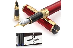 Dryden Designs Fountain Pen - Medium and Fine Nibs | Includes 24 Ink Cartridges and Ink Refill Converter | Calligraphy Pen, Consistent Writing, Smooth Flow - Royal Red