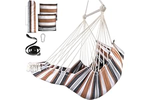 Chihee Fotel wiszący, huśtawka wisząca, 2 poduszki, trwały drążek rozprężny, fotel wiszący z tkaniny bawełnianej, kieszeń boczna, duży zestaw krzeseł z frędzlami, podnóżek, podudzie (brązowe paski)