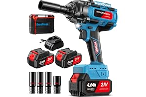 AOSTOK Brushless Impact Wrench 800 Nm, 1/2" Cordless Impact Wrench with 2 * 4000 mAh Batteries, 3 Speed Options, Impact Gun with 4 Sockets, Cordless Impact Wrench for Cars Trucks