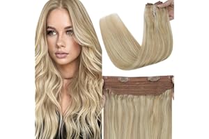 Fshine Hilo on Hair Extension 45CM 80g Extensiones Lacio Cabello de Natural Rubio Dorado Resaltado Con Rubio Claro Extensiones Secret Hilo Humano Cabello en Extensiones Color 16P22