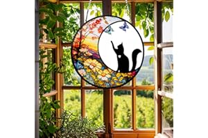 XUSDAMYJ Black Cat Memorial Stained Glass Suncatcher - Butterfly and Halloween Decor - Themed Gift for Cat Lovers