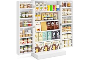 COSTWAY Kitchen Cupboard, Buffet Pantry Cabinet with Countertop, Doors, 17 Shelves & Guardrail, Space-saving Storage Organizer for Dining Living Room (White, 59x30x104cm)