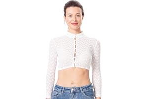 Dirndlwelle Spitze Dirndlbluse Langarm Dirndlbluse Damen Trachtenbluse Creme Dirndl Bluse Hochgeschlossen für Oktoberfest Gr.34-50
