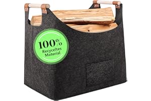 XHYASD Kosz na drewno kominkowe, XL ekstra filcowy, składany, z uchwytem drewnianym, na drewno, gazetę, drewno opałowe, do transportu i przechowywania (ciemnoszary)