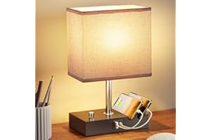 Seealle Fully Dimmable Table Lamp with USB A+C Charging Ports, Gray Fabric Shade Phone Stands, LED Bulb Included, Small Bedside Lamp for Bedroom Living Room Office
