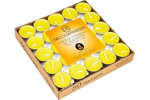 Deco Express Citronella Teelichter, 100er- oder 50er-Pack Duftkerzen Teelichter 4 oder 8 Stunden Brenndauer (Gelb 50/4 Stunden)