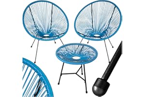 tectake® Conjunto Muebles Jardín Exterior de Acero, Estilo Acapulco, 2 Sillas y 1 Mesa con Cristal, Mesa y Sillas de Terraza Resistentes a Intemperie,Topes en Patas, para Interior y Exterior - azul