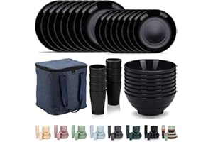 Evanda Plastic Dinnerware Sets 32 Piece Service for 8 with a Portable Oragnizer Bag, Reusable Plates and Bowls Sets include Cups, Bowls, Dishes for Home, Camping, Picnic, Outdoor (Black)
