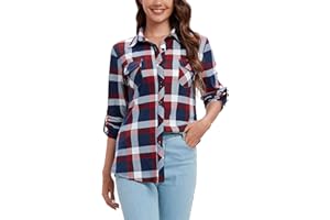 Timuspo Damska bluzka w kratkę, listwa guzikowa, z długim rękawem, na Oktoberfest, bluzka, karo, tunika, casualowa, dekolt w serek, górna część, koszula flanelowa, top