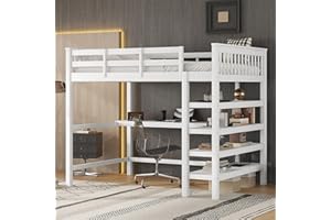 ‎MERAX Merax Kinderbett, Hochbett 140x200cm mit Ablagefächern und einem integrierten Schreibtisch, Hochbett Kinder, aus Hochwertigem Massivem Kiefernholz und MDF gefertigt, inklusive Lattenrost, Weiß