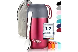 Milu® Thermo Food Flask - 300, 440, 450, 650, 800ml - Stainless Steel Insulated Container - Lunchbox - Jar with Spoon for hot and Cold Food (Berry, 650ml)