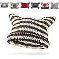 GLGHMH Women's Cat Ear Beanie Hat, Vintage Striped Winter Warm Elastic Cap, Matching Knit Crochet Cat Beanie Hat for Kids Girls Adults