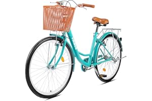Viribus 26 Inch Vintage Ladies Bike with Basket, Girl's Bike Dutch Style City Bicycle with Carbon Steel Frame Dual V Brakes, Single Speed Women's Comfort Bike w Adjustable Seat and Handlebars