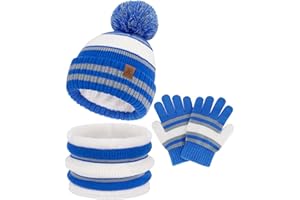 BEQUEMER LADEN Bambino Invernali Termici Cappello Sciarpa ad Anello Guanti, Caldi Beanie Berretto con PON PON Scaldacollo in Maglia per 2-7 Anni Bambini Bambina, Regalo