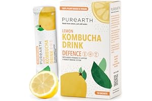 Purearth Kombucha Powder Drink Sachets for Water – Immunity Support with Vitamin C, D3 & Selenium – Sugar-Free Lemon Energy Drink for Gut Health & Energy – 10 Sachets – Vegan & Keto-Friendly