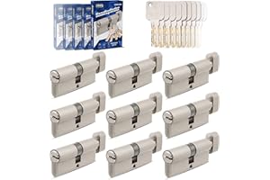 GERCAR Juego de 9 cilindros 35/35 de cierre continuo con pomo y 45 llaves, 70 mm, 70 mm, longitud: 70 mm, A: 35 B: 35 mm, latón macizo mate