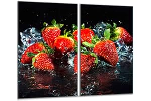 TMK ARTDEKO TMK - Piastra di copertura per piano cottura in vetroceramica 2 x 30 x 52 cm 2 pezzi induzione universale per piani cottura protezione antispruzzo tagliere in vetro temperato come decorazione Frutta