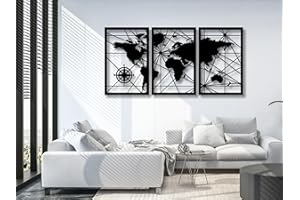 VAILLA ® Mapa świata, obrazy na ścianę, duży zestaw 3 sztuk, dekoracja ścienna z drewna, obrazy ścienne, dekoracja domu, na ścianę, nowoczesna dekoracja, obrazy 3D do sypialni, salonu, biura (mapa