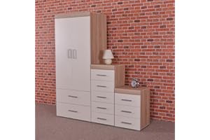 DRP Trading White & Sonoma Oak 3 Piece Bedroom Furniture Set, 3 Drawer Chest, 5 TallBoy Drawer Chest, 2 Door Wardrobe, Ideal for Bedroom Organisation, Room Storage, Elegant Decor