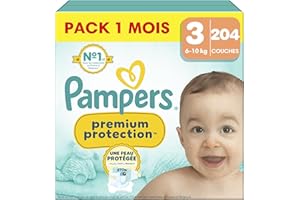 Pampers Couches Premium Protection Taille 3 (6-10 kg), 204 Couches Bébé, Pack 1 Mois, Notre N°1 Pour La Protection Des Peaux Sensibles