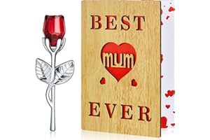 NEZYO Wooden Mother's Day Card Gift Card and Red Rose Glass Figures Artificial Crystal Flowers Gifts Mothers Day Gifts, Best Mum Ever Greeting Cards Glass Flower Ornaments for Mum Grandmother