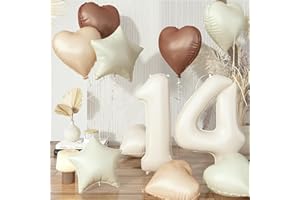 GOVPY Luftballons 14 Creme, XXL Nude Cremeweiß 14. Geburtstag Ballon Deko, Beige Zahlen 14 Stern Folienballon Neutraler Aprikose Kaffee Braun Herz Luftballons für Mädchen Valentinstag Party Dekoration