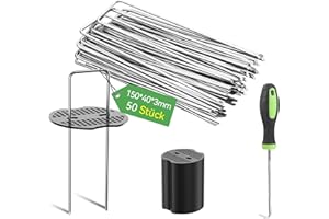 Graxury 50 Stück 15cm Schwerlast-Ø 3mm Gartennägel Stahlpfähle mit 50 Stück Dichtungen - Verzinkte Stahlklammern zur Befestigung und Verankerung von Unkrautvlies, Netzen und Rohren mit 1 Hacken