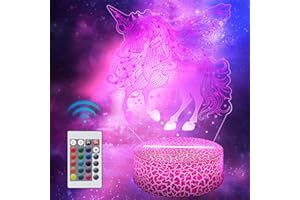 Polemera Veilleuse licorne pour enfants fille, cadeau d'anniversaire pour filles, lampe licorne à illusion 3D avec 16 couleurs changeantes par télécommande, deco decoration chambre enfant fille