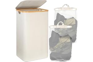 POWZOO Panier à linge avec couvercle,110LGrande Capacité Corbeille a Linge,avec Poignées,2 Sac Intérieur Amovibles,Tissu Oxford Bac a Linge Laundry Basket,Gain de Place paniers à linge pliables(Beige)