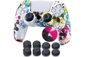 YoRHa Studded Printing Silicone Rubber Customizing Skin Cover for PS5 Controller x 1(Graffiti) With Pro thumb grips x 8