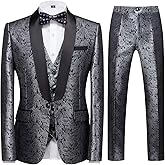 Sliktaa Homme Costume 3 Pièces Formel Jacquard Classique Châle Revers Mariage Business avec Un Bouton Smokings Casual Veste &