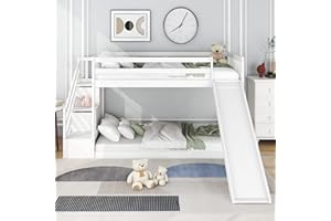 KecDuey Letto a castello 90 x 200 cm, con scala e scivolo, per bambini, in legno di pino massiccio, lettino con 3 cassetti nelle scale (bianco)