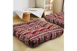 HIGOGOGO Boho Large Floor Cushion, Square Cotton Linen Meditation Pillow, Floor Gaming Seat, Yoga Pillow, Japanese Tatami Mat for Indoor Outdoor Garden Decor (Stripe Red, 50x50 cm)