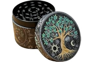 TPLF Grinder arbre de vie 50 mm en 4 parties moulin à épices alliage en zinc durable robuste noir broyeur d'herbes séchées avec sa petite spatule à pollen couvercle aimanté pour une fermeture parfaite