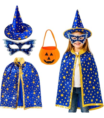 FSSPLJHYJ Kinder Hexenkostüm Set – Zauberer Umhang Mit Hut & Kürbis Süßigkeiten-Tasche Für Halloween & Karneval