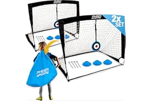 PHIBER-SPORTS Set di porte da calcio per bambini per 2 persone - Versione migliorata 2023 con pali in fibra di vetro rinforzati - Incl. borsa per il trasporto, 6x coni, 2x bersaglio