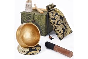 alasemo Bol Tibetain Chantant Lot, Contient du Palo Santo et de la Sauge Blanche de Californie, 8CM Bol de Meditation pour Yoga, Méditation et Détente, En Laiton, Livré Avec un Coffret Cadeau.