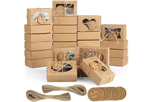 dsDAEDK Paket med 28 kraftpapperskådor med genomskinligt fönster - Kak- och chokladlådor med etiketter och garn - Små lådor f