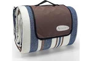 ACTIVE FOREVER Coperta da Picnic Portatile, 300 x 200 cm Coperta da Campeggio Antisabbia Impermeabile, Coperta da Spiaggia per All'aperto Giardino Campeggio Escursioni, Blu Marrone Striscia