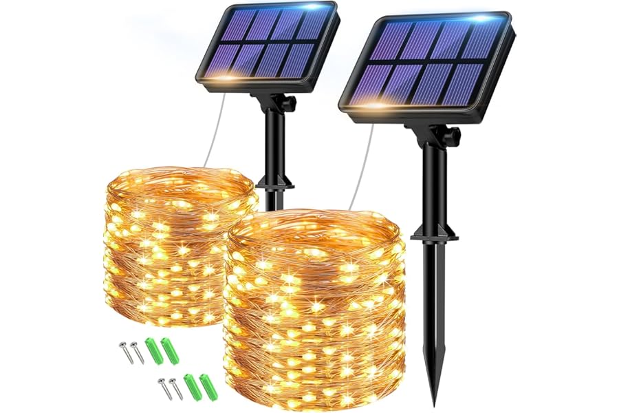 btfarm 2 Pack Solar String Lights Outdoor Garden Waterproof, Total 16M/53FT 160 LED Solar Powered Fairy Lights, 8 Modes Copper Wire Lights for Patio Yard Party Christmas