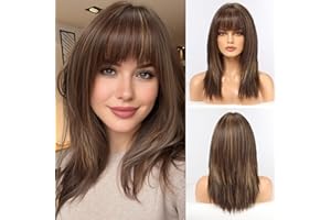 HAIRCUBE Peruka dla kobiet, proste peruki dla kobiet, długość do ramion, brązowe syntetyczne peruki z grzywką, codzienne peruki do cosplayu