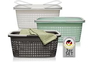 Hausfelder Wäschekorb 3er Set, stapelbar mit Henkel - Hausfelder Wäschekörbe 3er Set 35L - stabile Wäschewanne mit Griffen für Bad & Haushalt