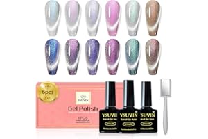 ‎YSUVIN YSUVIN UV Nagellack Magnetisch, 6 Farben Cat Eyes UV Gel Nagellack mit Magnet, Rosa Silber Blau Lila Grün Glitzer Gellack für Anfänger DIY Nail Art Maniküre Salon, 8ML